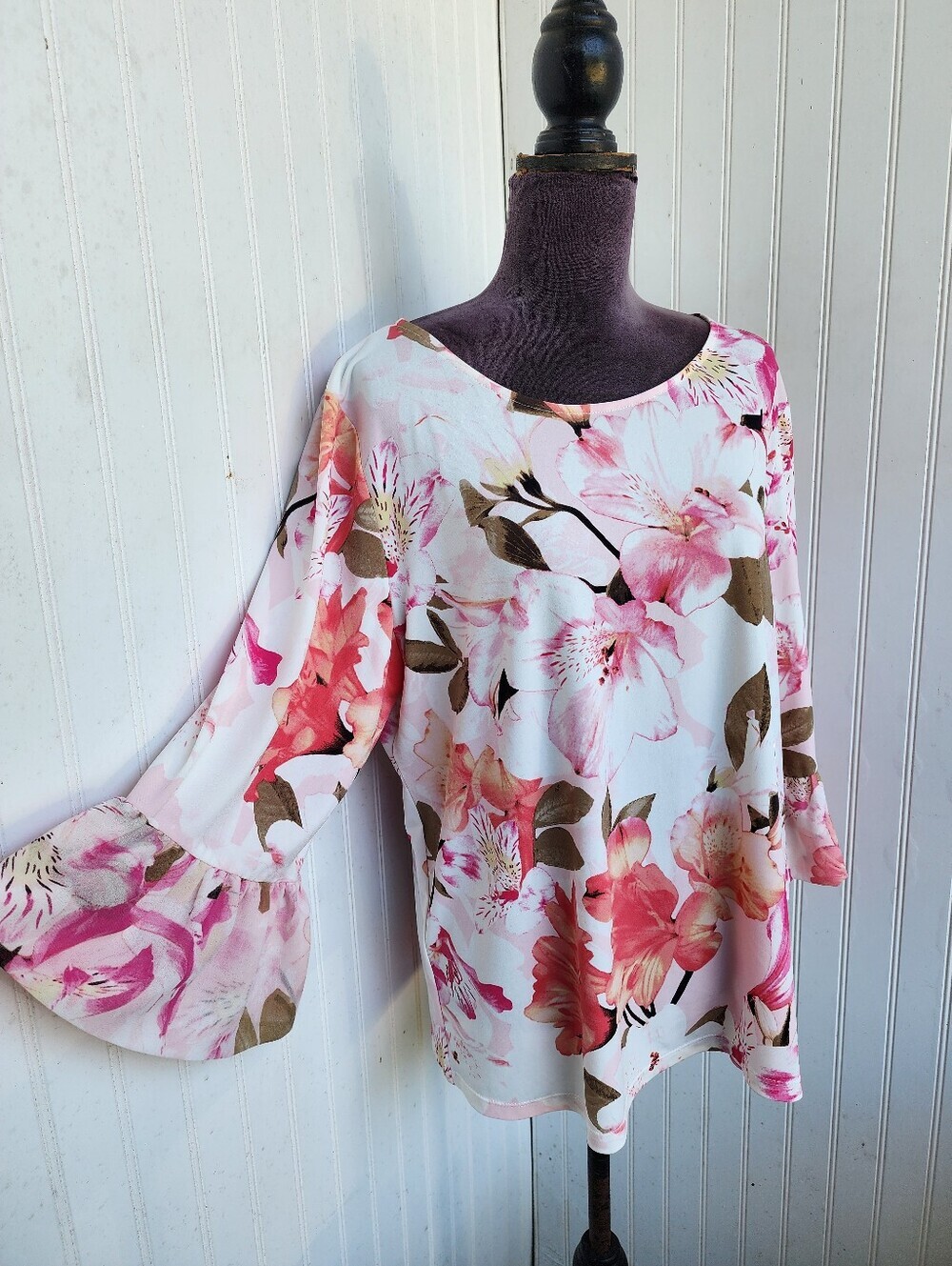 Calvin Klein White Pink Floral Rose Bell Flare Sleeve Women's Blouse Stretch XL - Picture 4 of 12